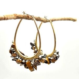 Goldtone Hoop Earrings with Tigers Eye Chips‎ and White Seed Bead Fringe